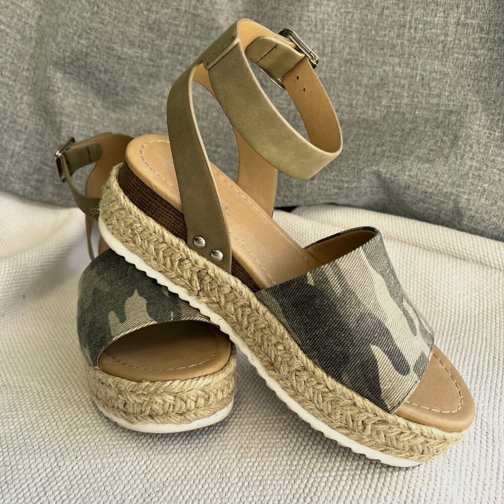 Soda Brand Open Toe Buckle Ankle Strap Espadrilles Flatform Wedge Casual Sandal